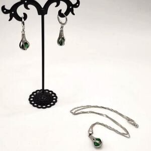 925 Silver Necklace Earrings Set Teardrop Lab Emerald Anniversary Birthday Gift
